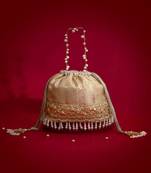 Beige embroidered  silk potli bag