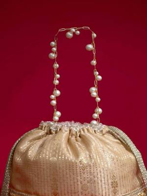 Beige embroidered  silk potli bag 4