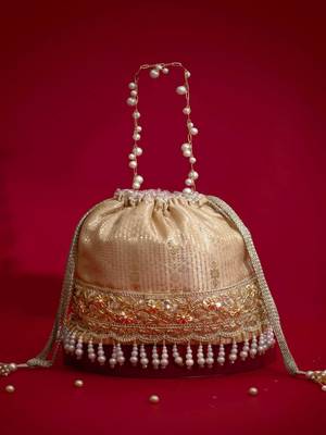 Beige embroidered  silk potli bag 5
