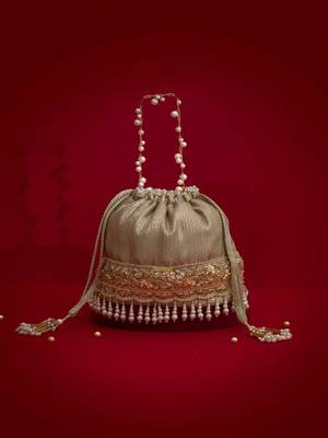 Grey embroidered  silk potli bag 1