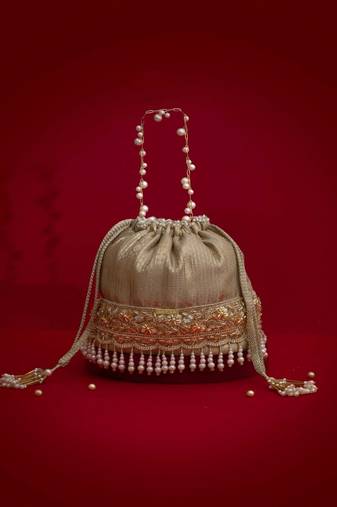 Grey embroidered  silk potli bag