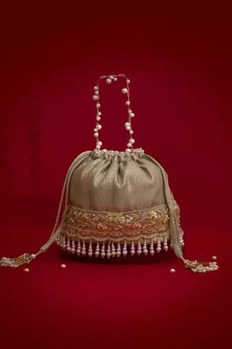 Grey embroidered  silk potli bag