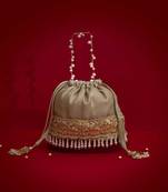 Grey embroidered  silk potli bag
