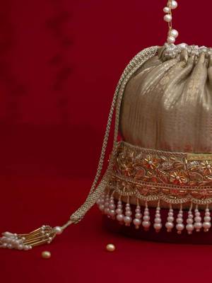 Grey embroidered  silk potli bag 2
