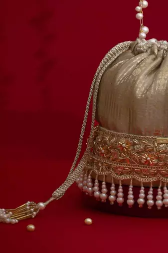 Grey embroidered  silk potli bag