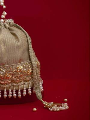 Grey embroidered  silk potli bag 3