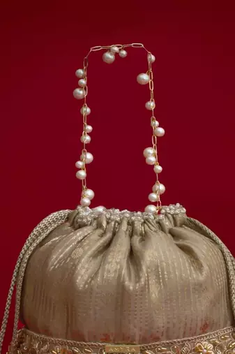 Grey embroidered  silk potli bag