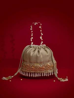Grey embroidered  silk potli bag 5