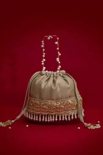 Grey embroidered  silk potli bag