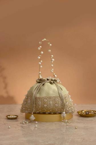 Mint  embroidered  silk potli bag