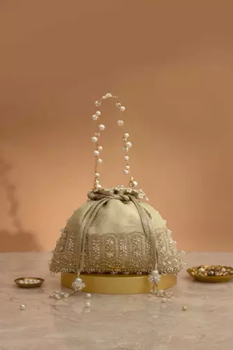 Mint  embroidered  silk potli bag