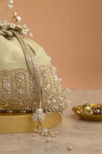 Mint  embroidered  silk potli bag