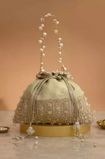 Mint  embroidered  silk potli bag