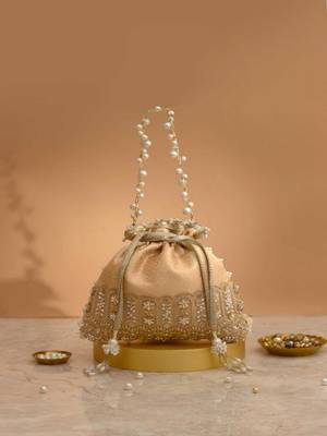 Peach embroidered  silk potli bag 1