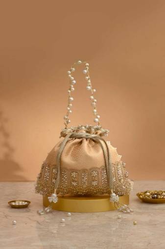 Peach embroidered  silk potli bag
