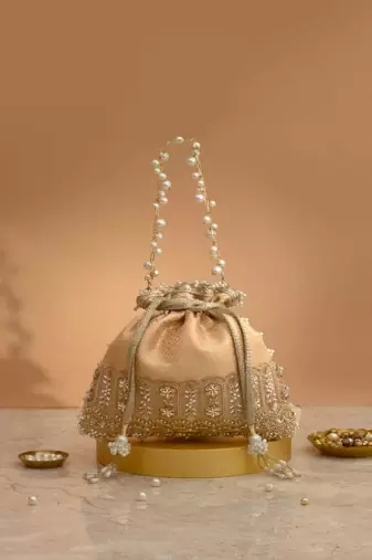 Peach embroidered  silk potli bag