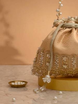 Peach embroidered  silk potli bag 2