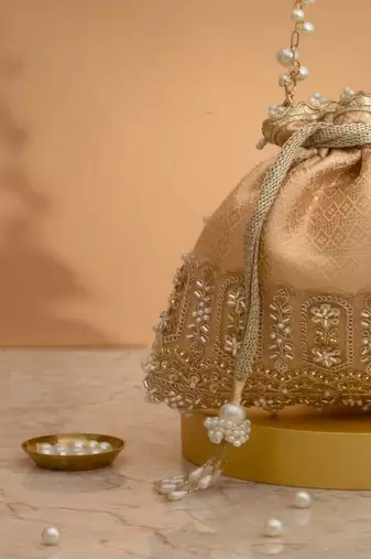 Peach embroidered  silk potli bag