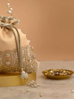 Peach embroidered  silk potli bag 3