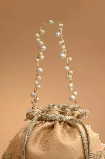 Peach embroidered  silk potli bag