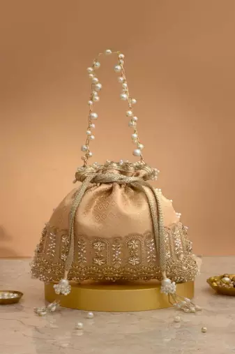 Peach embroidered  silk potli bag