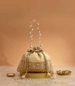 Cream embroidered  silk potli bag