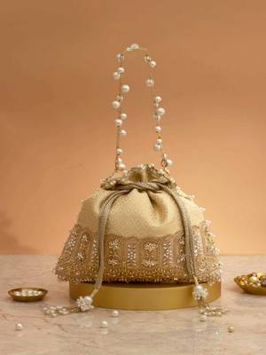 Cream embroidered  silk potli bag 5