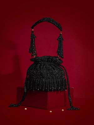 Black embroidered silk potli bag 1