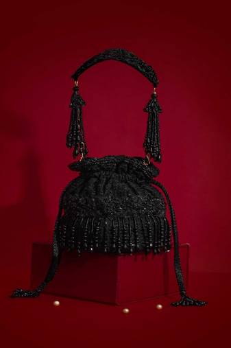 Black embroidered silk potli bag