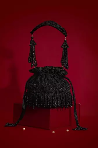 Black embroidered silk potli bag