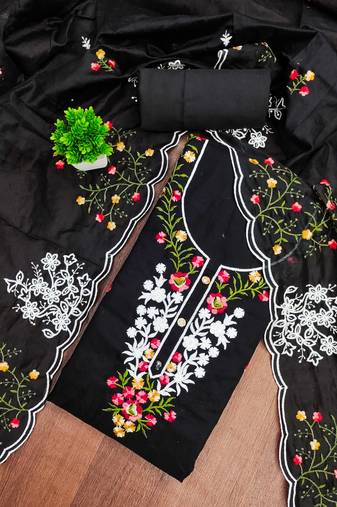 Black chanderi cotton embroidery dress material with dupatta