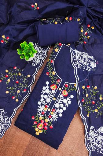 Blue chanderi cotton embroidery dress material with dupatta