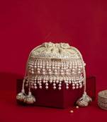 Ivory pearl embroidered  silk potli bag