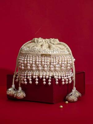 Ivory pearl embroidered  silk potli bag 2