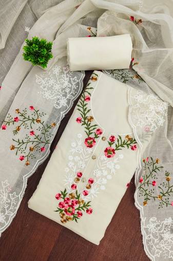 Cream chanderi cotton embroidery dress material with dupatta
