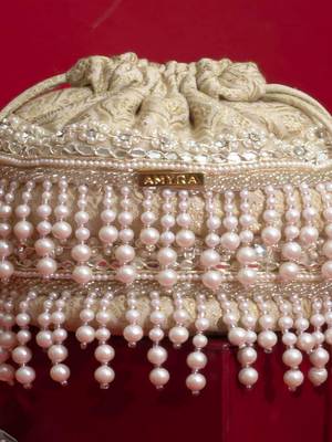 Ivory pearl embroidered  silk potli bag 5