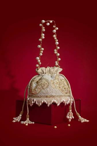 Beige embroidered  silk potli bag