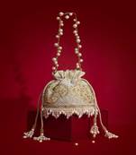 Beige embroidered  silk potli bag