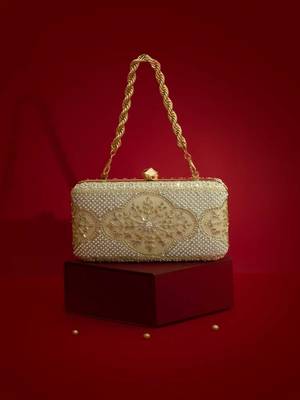 Beige floral embroidered silk clutch 1