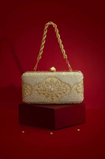 Beige floral embroidered silk clutch