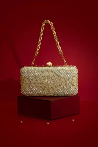 Beige floral embroidered silk clutch