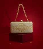 Beige floral embroidered silk clutch