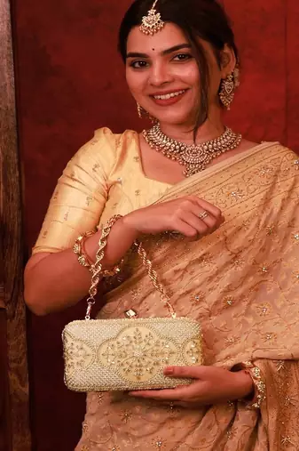Beige floral embroidered silk clutch