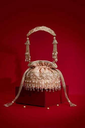 Pink embroidered  silk potli bag