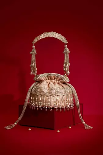Pink embroidered  silk potli bag