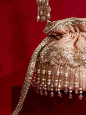 Pink embroidered  silk potli bag 2