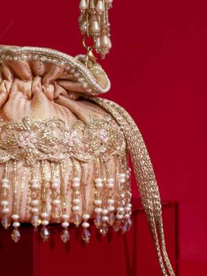 Pink embroidered  silk potli bag 3