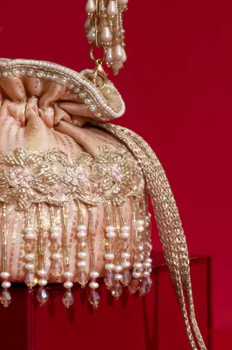 Pink embroidered  silk potli bag