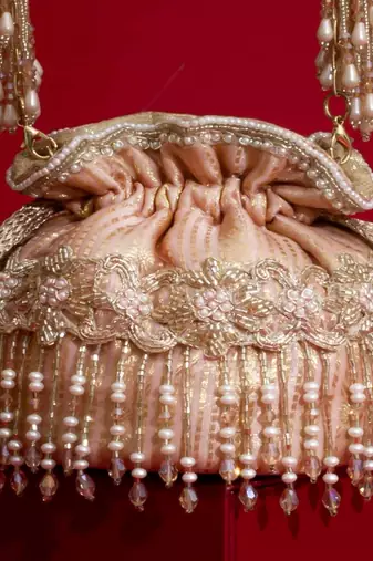 Pink embroidered  silk potli bag