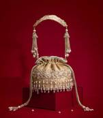 Beige embroidered  silk potli bag
